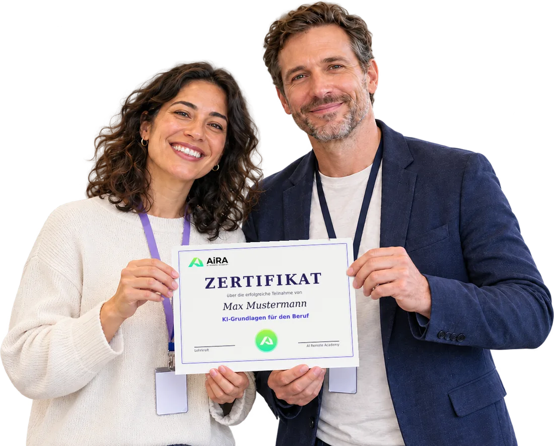 Two professionals proudly holding their AiRA certificate from the AI training “AI basics for work” – funded with an education voucher